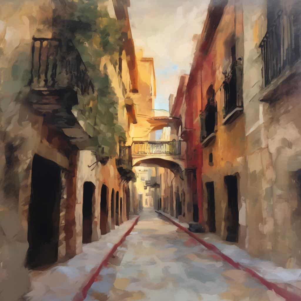 Λεωφόρος με παραδοσιακά κτίρια και μικρές γκαλερί, φωτισμένη από το ηλιοβασίλεμα, με γέφυρες και μπαλκόνια, δημιουργούνται μια ζεστή ατμόσφαιρα.