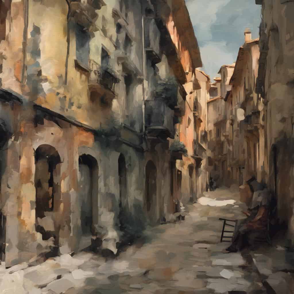 μια παλιά οδός στην πόλη με ιστορικά κτήρια και ατμοσφαιρικό τοπίο, δημιουργώντας μια ρομαντική και νοσταλγική ατμόσφαιρα.