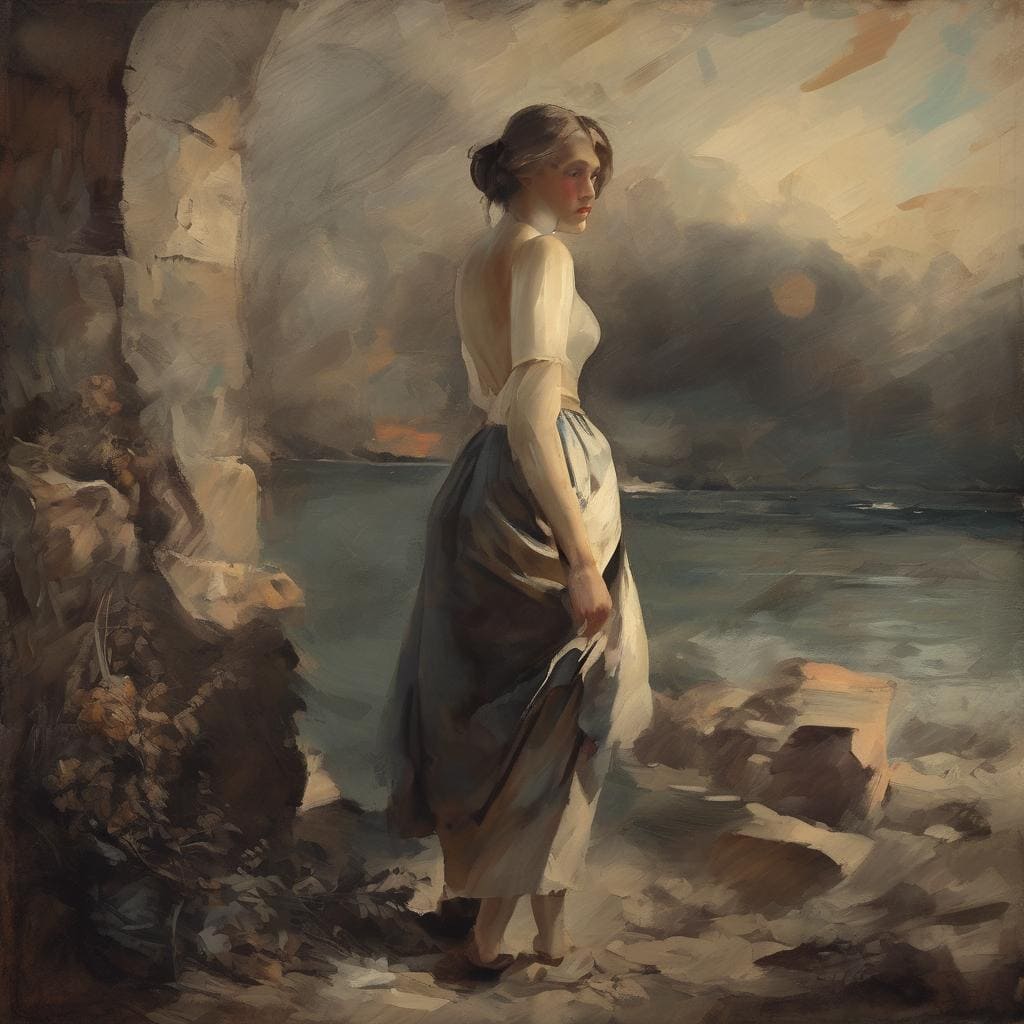 Οικογενειακή γυναίκα σε παραλία με ηλιοβασίλεμα, πολιτιστικό έργο τέχνης εμπνευσμένο από γνωστούς δημιουργούς.