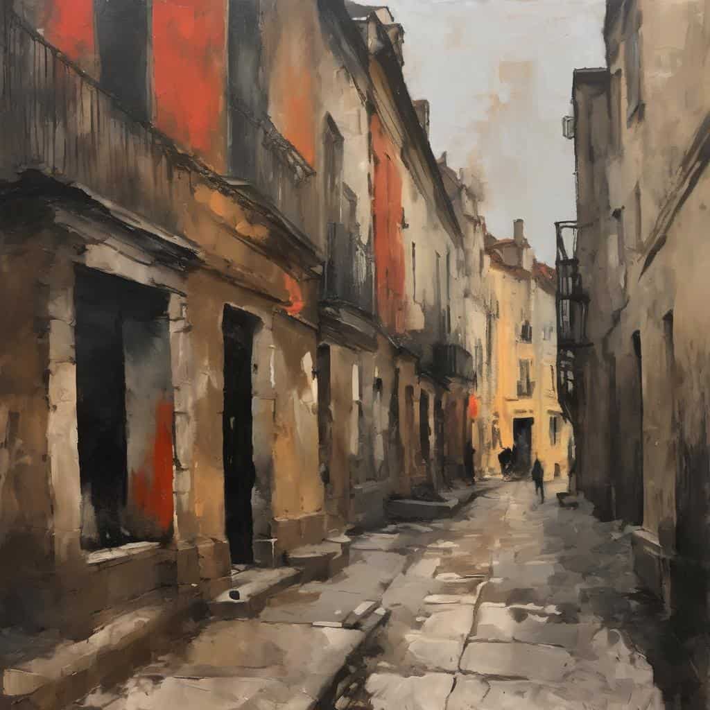 Στενό σοκάκι με παλιά κτήρια και καφασωτά, ζωγραφική σε στυλ ρεαλισμού, μεταφέρει την ατμόσφαιρα ιστορικής γειτονιάς.