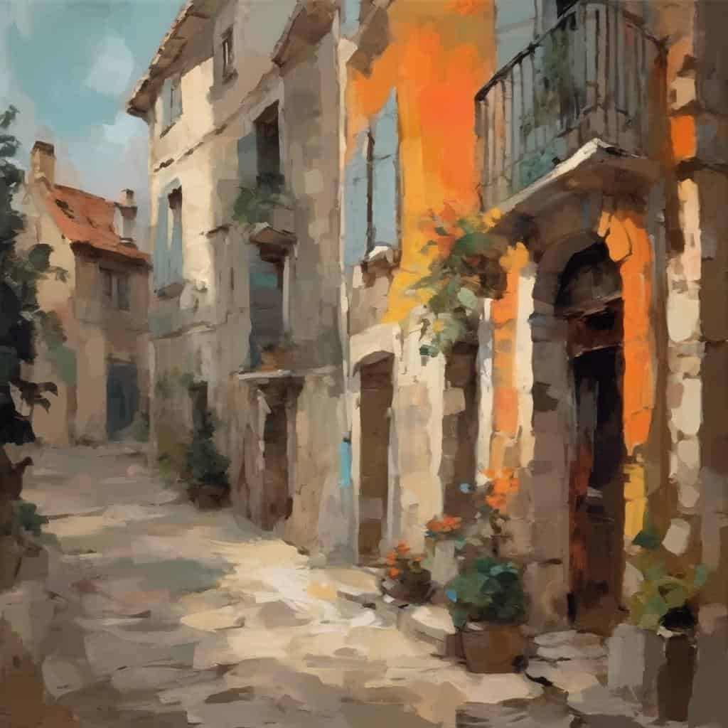 Παλιό οδός με αρχοντικά σε στιλ νησιωτικής αρχιτεκτονικής, ζωγραφισμένη σε ακουαρέλα.