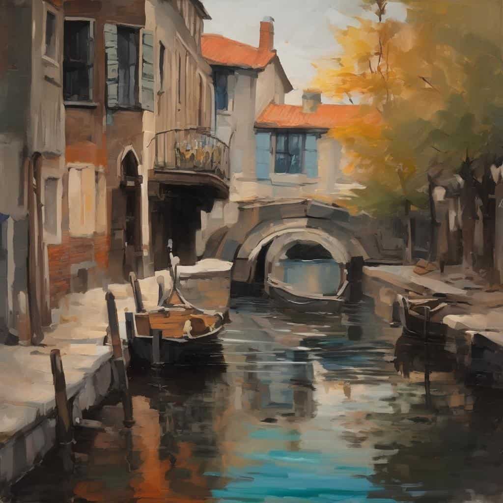 Ρεαλιστικό πίνακα με γέφυρα και κανάλι στην Βενετία, παλιά σπίτια και σκάφη, εποχή άνοιξης με πολύχρωμα φύλλα.